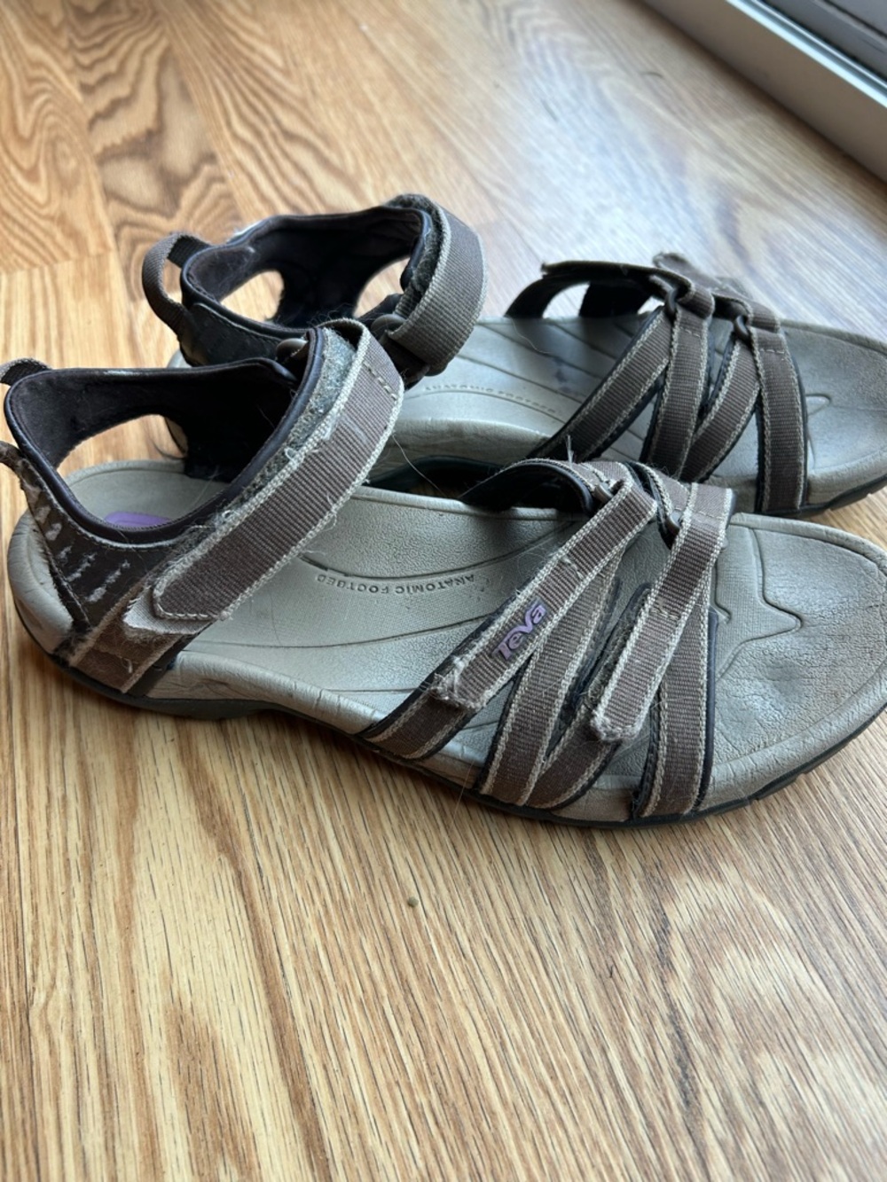 Teva Women's Brown Strappy Sandals with Purple Footbed Accents